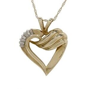 10K Yellow Gold Genuine Diamond Baguette Open Heart Pendant Necklace 18" L